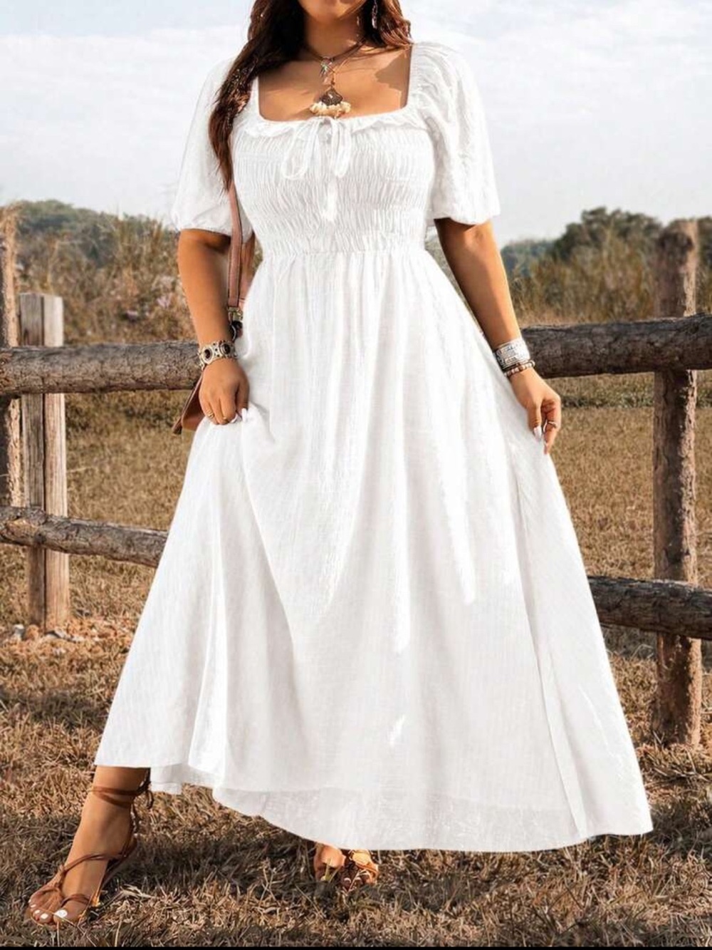 SHEIN White Smocked Maxi Dress with Puff Sleeves - Picture 5 of 7